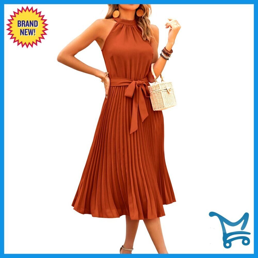 Sleeveless Halter Midi Dress Pleated A-Line Flowy Cocktail Elegant Chic